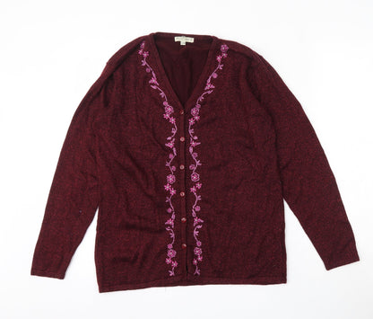 Portraits Womens Red V-Neck Floral Acrylic Cardigan Jumper Size S