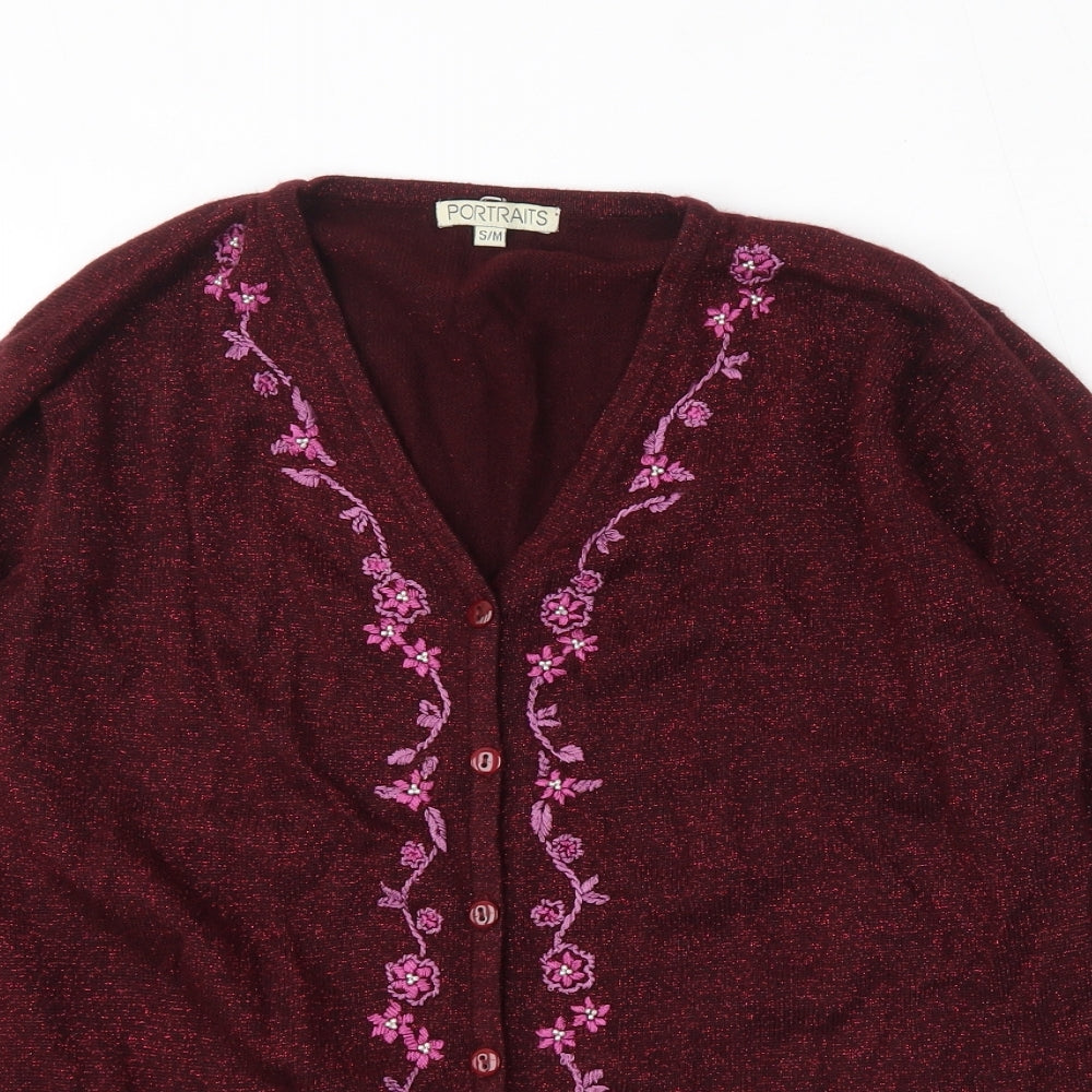 Portraits Womens Red V-Neck Floral Acrylic Cardigan Jumper Size S