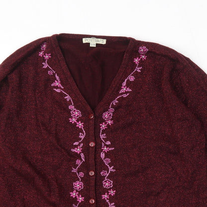 Portraits Womens Red V-Neck Floral Acrylic Cardigan Jumper Size S