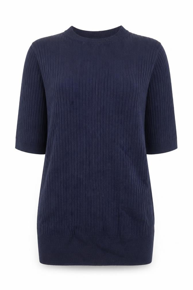 Front view of Marks & Spencer women’s blue crew neck viscose jumper, size UK 6, - ribbed