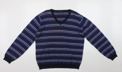 Burton Mens Multicoloured V-Neck Striped Cotton Pullover Jumper Size L