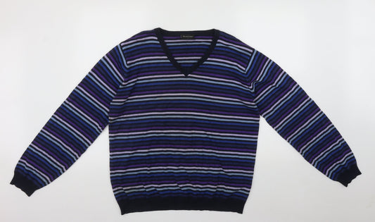 Burton Mens Multicoloured V-Neck Striped Cotton Pullover Jumper Size L