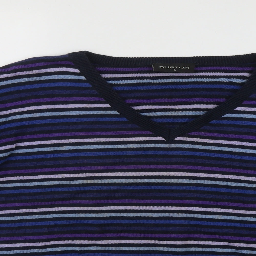 Burton Mens Multicoloured V-Neck Striped Cotton Pullover Jumper Size L