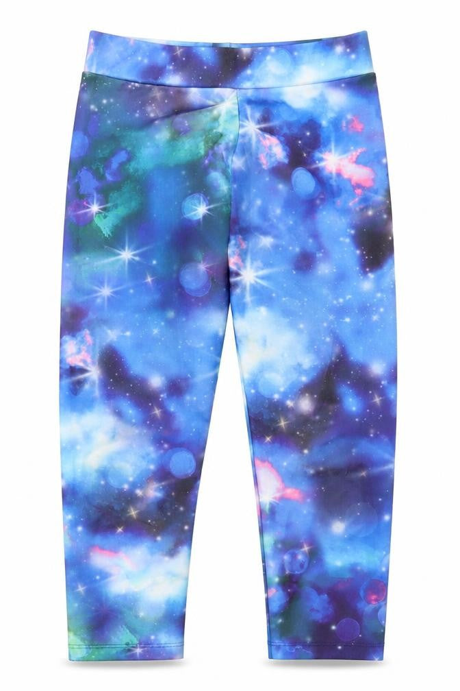 Front view of Dunnes girls’ blue ombré polyester capri trousers, size 9, months regular pullover