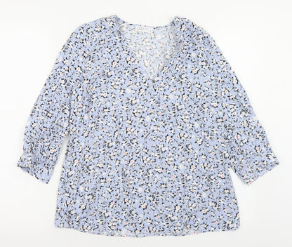 Papaya Womens Blue Floral Viscose Basic Blouse Size 8 V-Neck