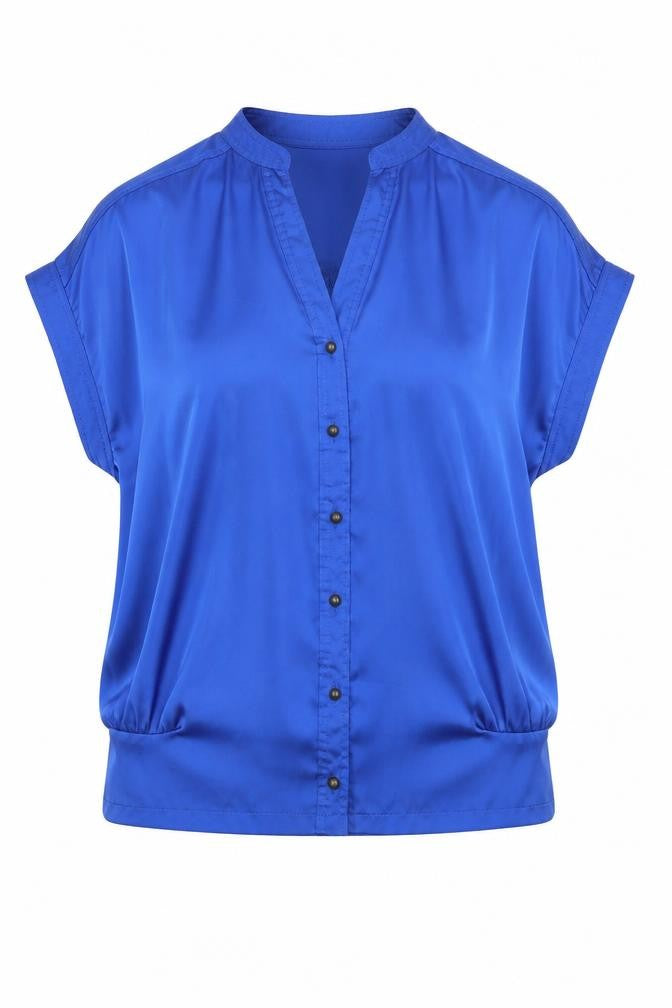 Front view of Be Beau women’s black polyester basic button-up, size UK 8, v-neck