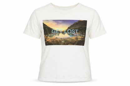 Front view of Pieces women’s white polyester jersey t-shirt, size XS, round neck - get lost