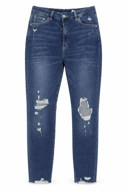 Front view of &Denim women’s blue cotton skinny jeans, size UK 30, in, 28-inch leg slim zip