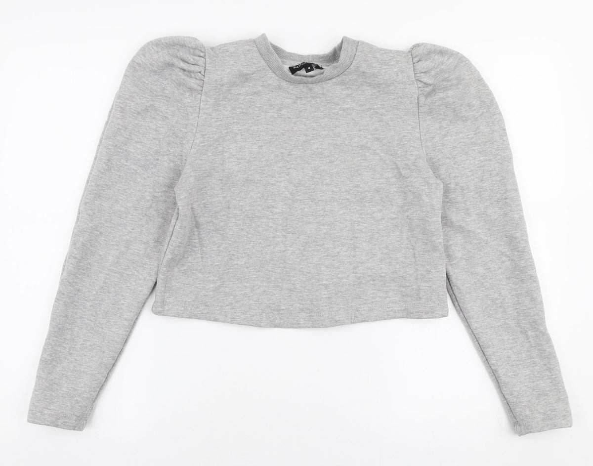 Additional front view of PRETTYLITTLETHING women’s grey polyester pullover sweatshirt, size UK 8, pullover