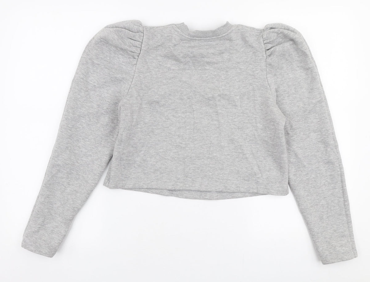 Back view of PRETTYLITTLETHING women’s grey polyester pullover sweatshirt, size UK 8, pullover