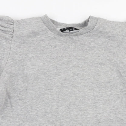 Close-up detail of PRETTYLITTLETHING women’s grey polyester pullover sweatshirt, size UK 8, pullover