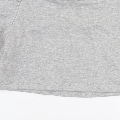 Brand and care label for PRETTYLITTLETHING women’s grey polyester pullover sweatshirt, size UK 8, pullover