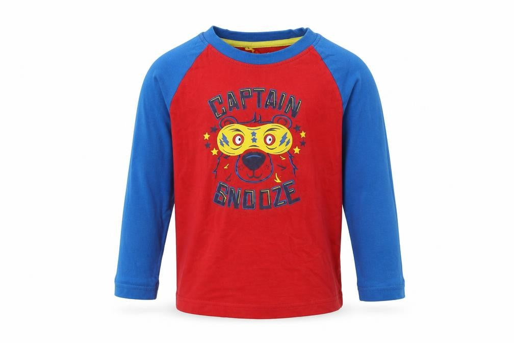 Front view of Primark boys’ red 100% cotton basic t-shirt, size 2-3, years round neck pullover - captain snooze