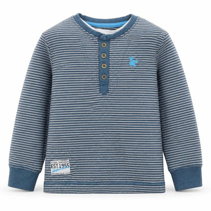Front view of Dunnes boys’ blue striped polyester pullover sweatshirt, size 5, years pullover