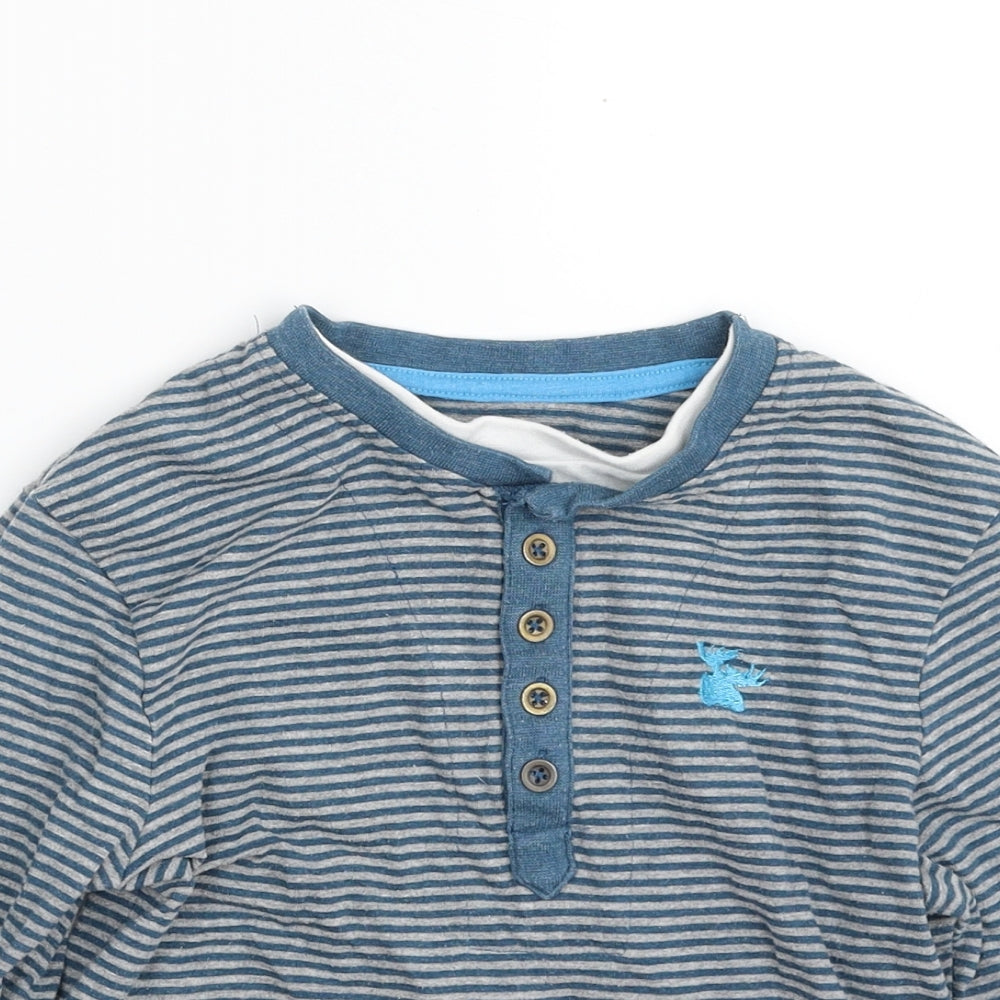 Close-up detail of Dunnes boys’ blue striped polyester pullover sweatshirt, size 5, years pullover