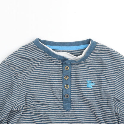 Close-up detail of Dunnes boys’ blue striped polyester pullover sweatshirt, size 5, years pullover