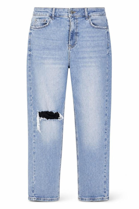 Front view of George women’s blue cotton mom jeans, size UK 34, 28-inch leg regular button
