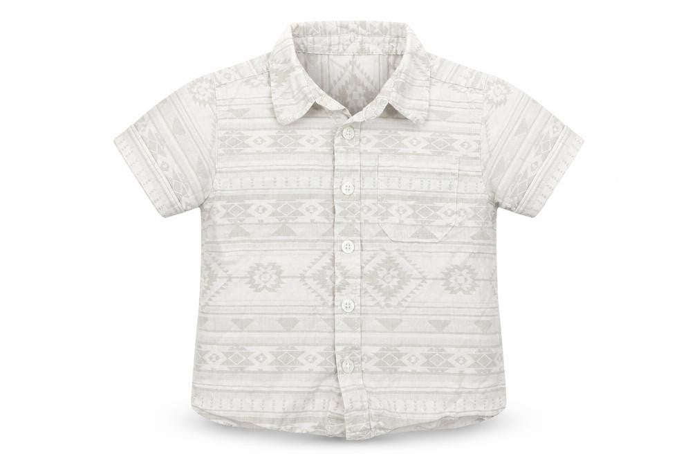 Front view of Matalan boys’ beige fair isle 100% cotton basic button-up, size 12-18, months collared button