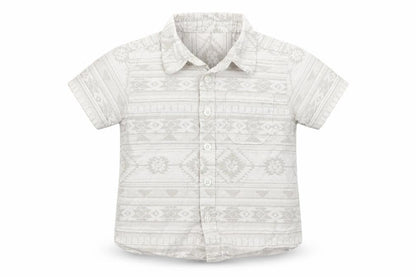 Front view of Matalan boys’ beige fair isle 100% cotton basic button-up, size 12-18, months collared button