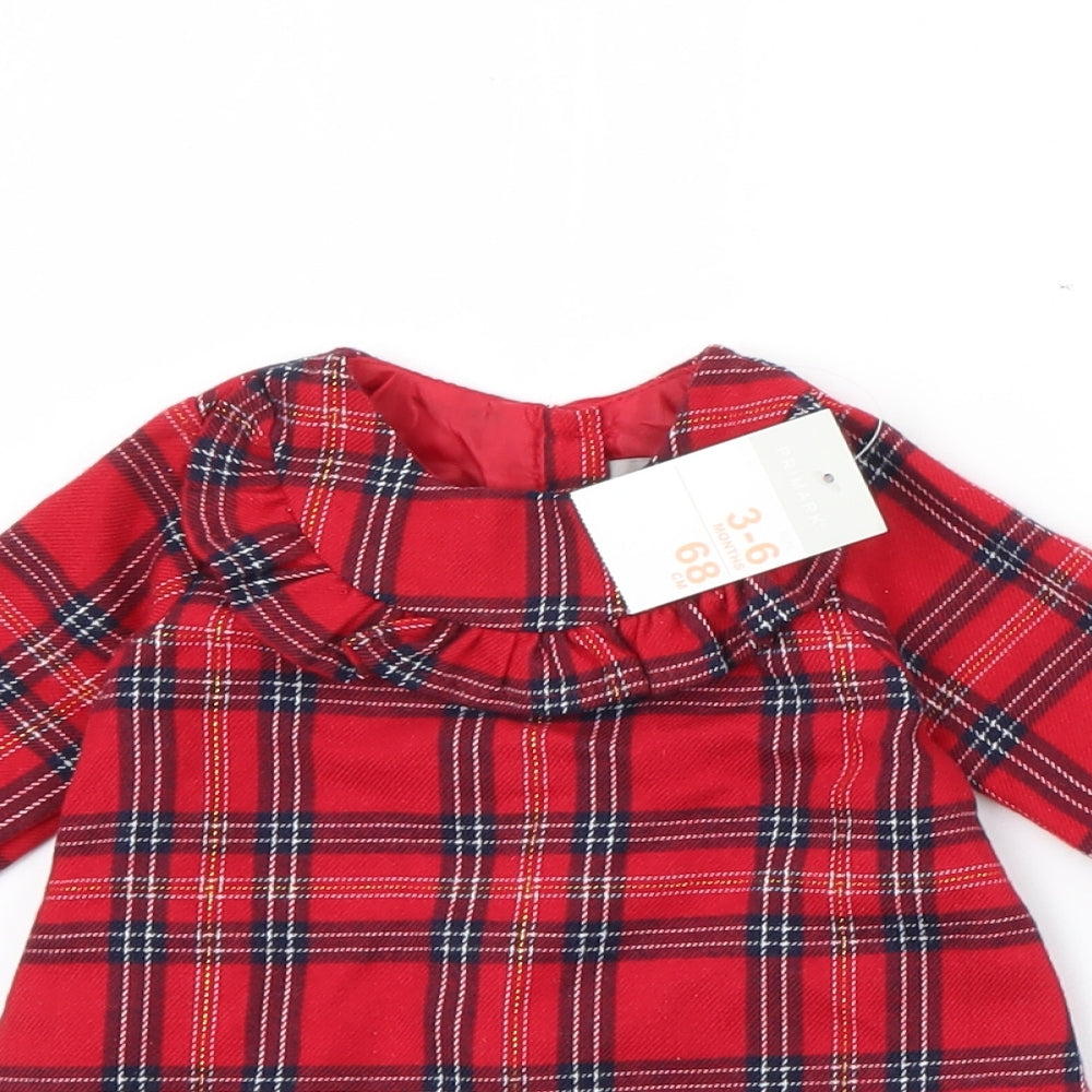 Primark Girls Red Plaid Polyester Fit & Flare  Size 3-6 Months  Round Neck