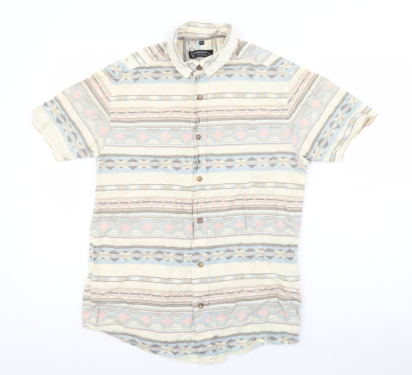 Mens UK Size S Twisted Soul Beige  Button-Up Short Sleeve Casual Shirt