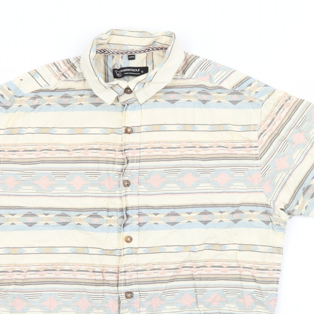 Mens UK Size S Twisted Soul Beige  Button-Up Short Sleeve Casual Shirt