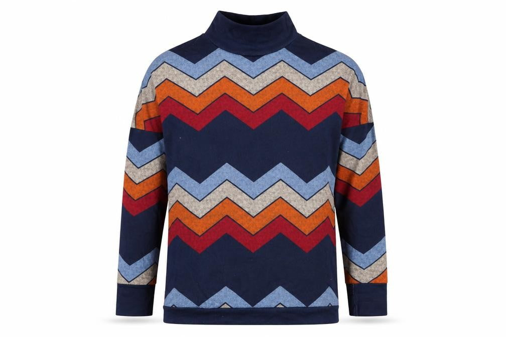Front view of women’s blue striped cotton pullover sweatshirt, size L, pullover