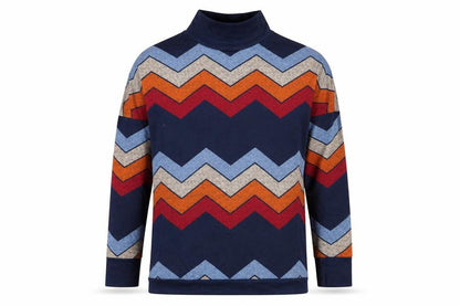 Front view of women’s blue striped cotton pullover sweatshirt, size L, pullover