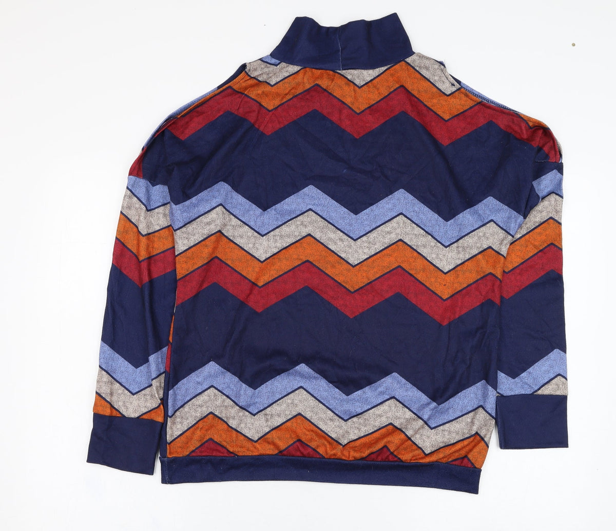 Back view of women’s blue striped cotton pullover sweatshirt, size L, pullover
