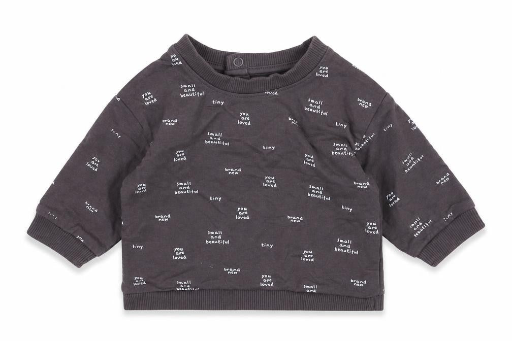 Front view of Mothercare boys’ grey cotton jumper, size 0-3, months pullover - slogan