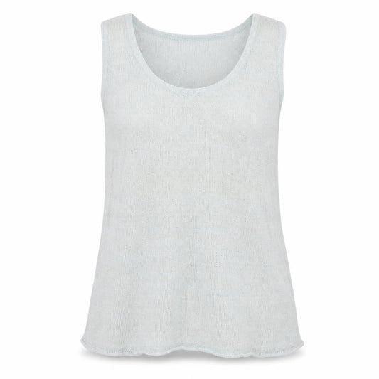 Front view of Horsan women’s green linen basic tank, size UK 12, round neck