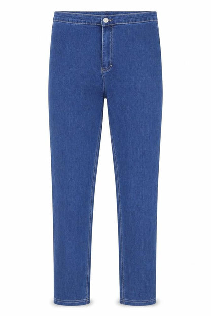 Front view of women’s blue cotton skinny jeans, size UK 30, in, 26-inch leg regular zip