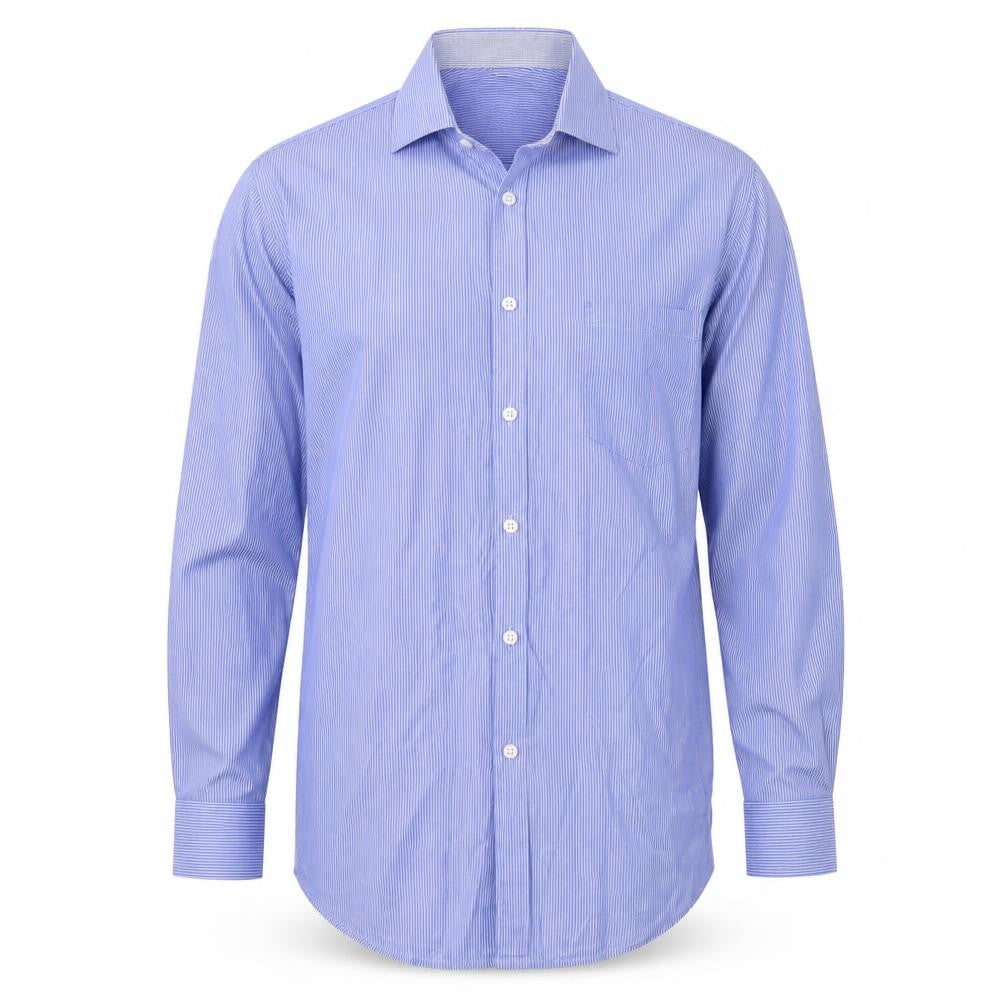 Front view of Lakeland men’s blue cotton dress shirt, size M, collared button