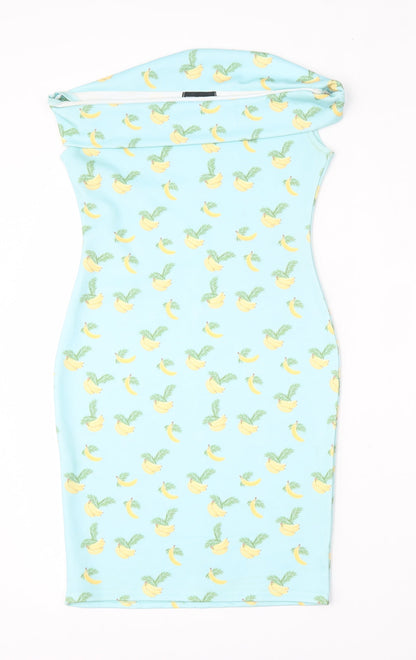 PRETTYLITTLETHING Womens Blue Geometric Polyester Pencil Dress  Size 6  Round Neck