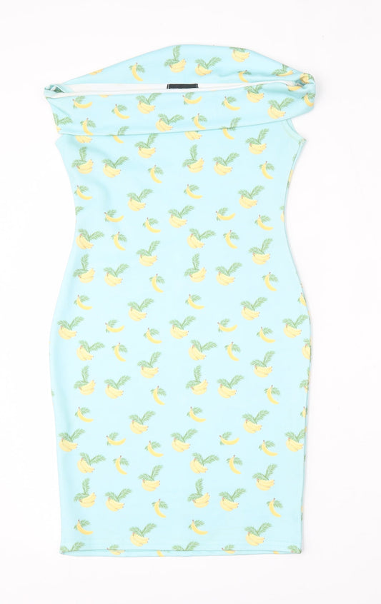 PRETTYLITTLETHING Womens Blue Geometric Polyester Pencil Dress  Size 6  Round Neck