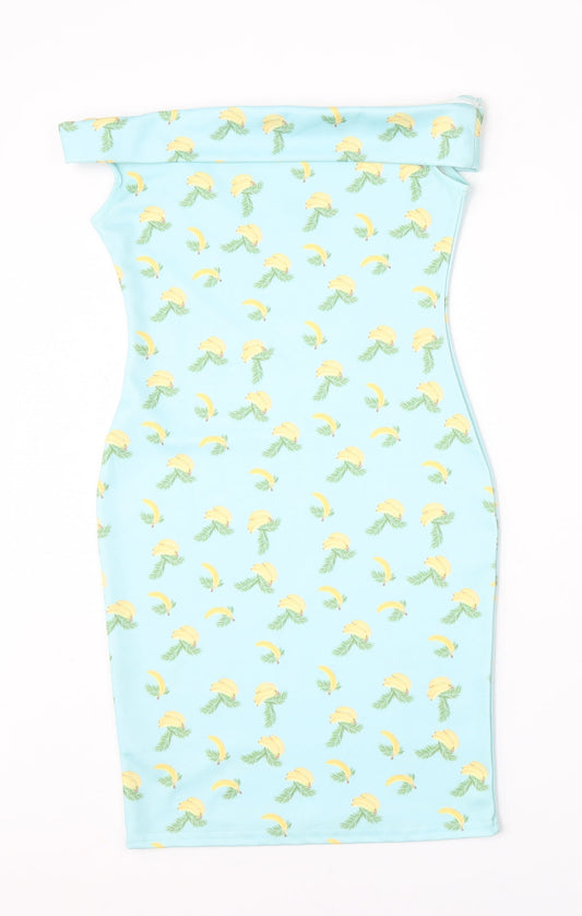 PRETTYLITTLETHING Womens Blue Geometric Polyester Pencil Dress  Size 6  Round Neck