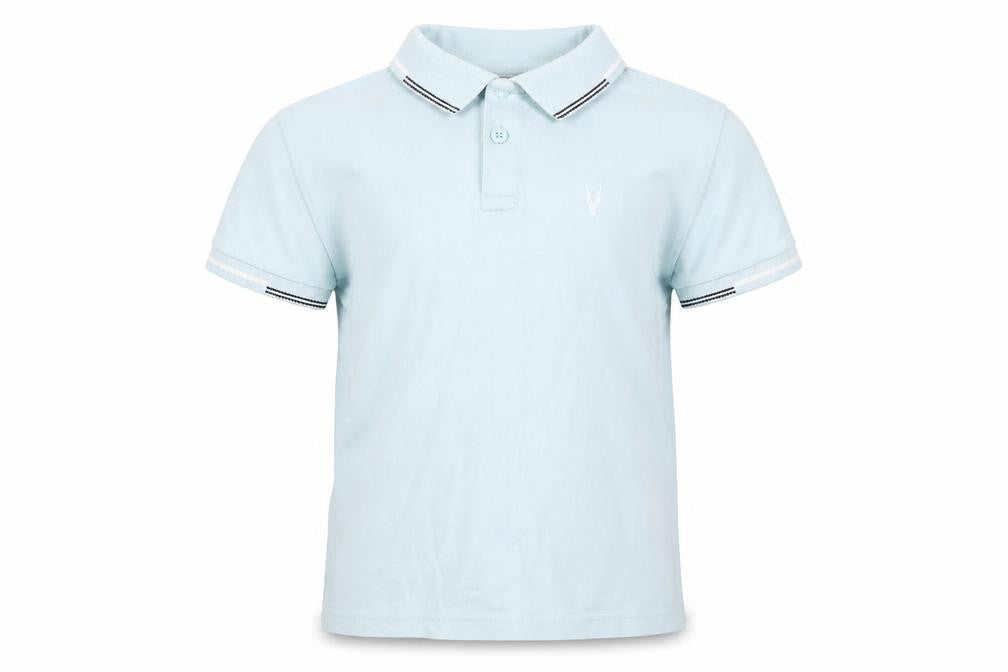 Front view of Very boys’ blue cotton basic polo, size 8, years collared button