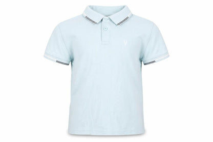 Front view of Very boys’ blue cotton basic polo, size 8, years collared button