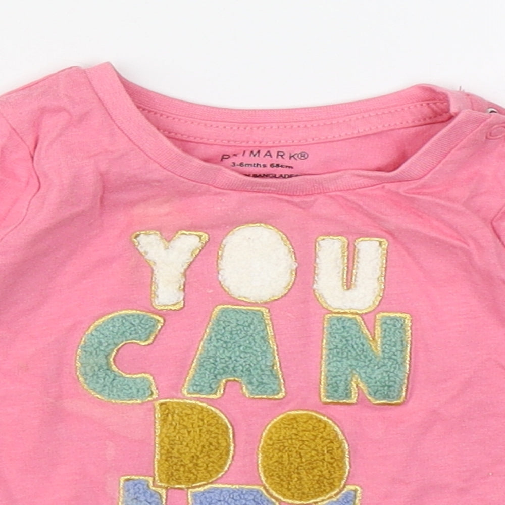 Primark Girls Pink  100% Cotton Basic T-Shirt Size 3-6 Months Round Neck Button