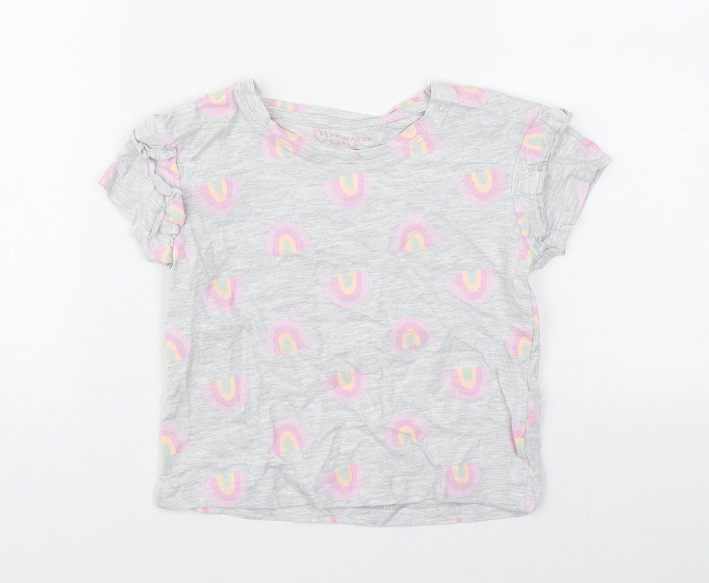 Primark Girls Grey Geometric Cotton Basic T-Shirt Size 6-7 Years Round Neck Push Lock