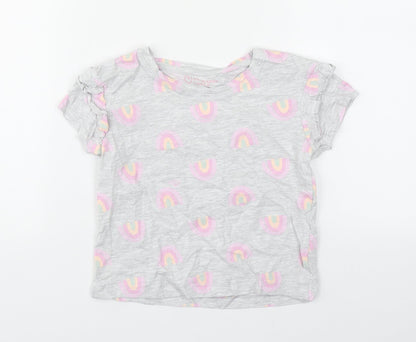Primark Girls Grey Geometric Cotton Basic T-Shirt Size 6-7 Years Round Neck Push Lock