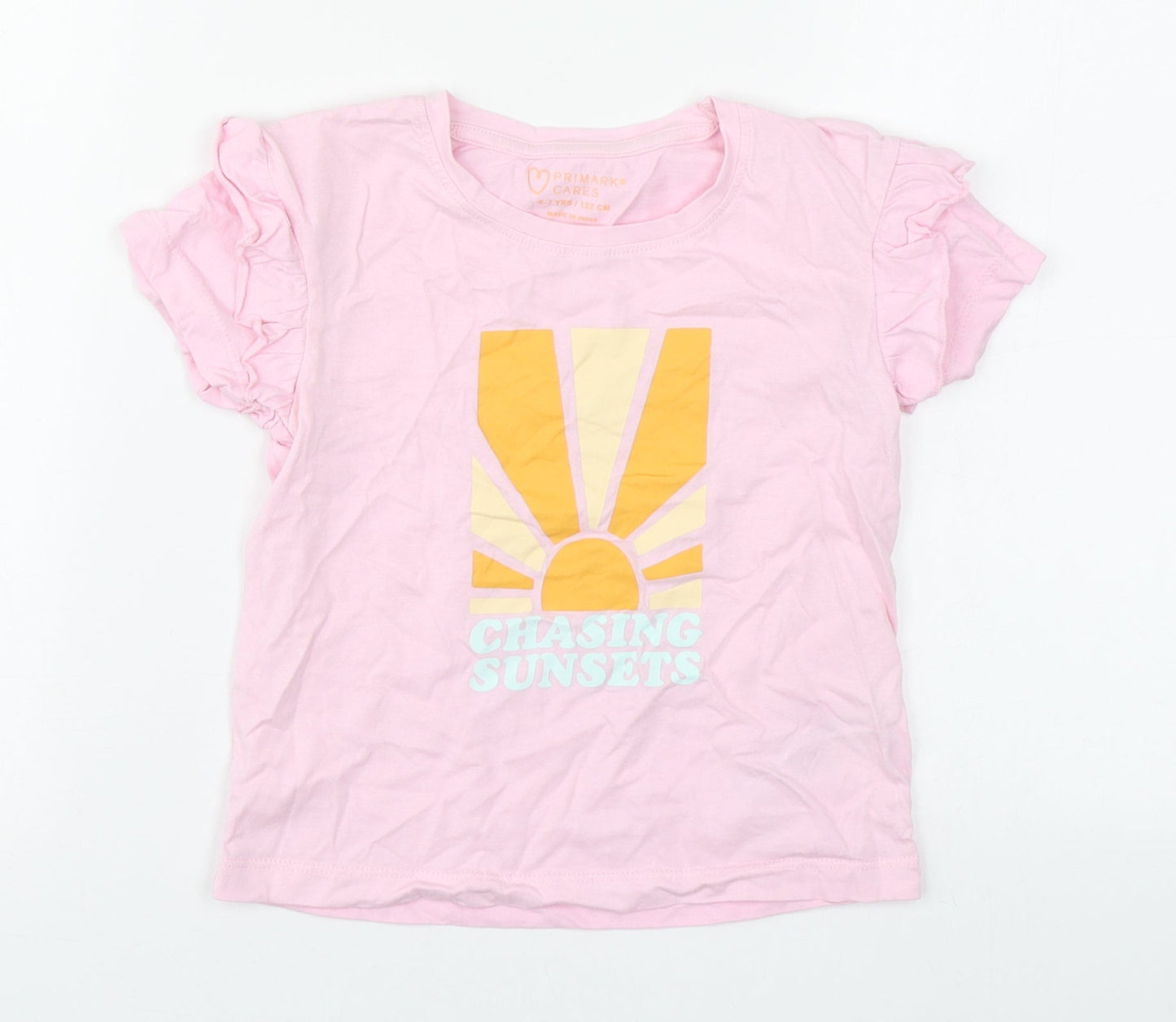 Primark Girls Pink  100% Cotton Basic T-Shirt Size 6-7 Years Roll Neck Pullover