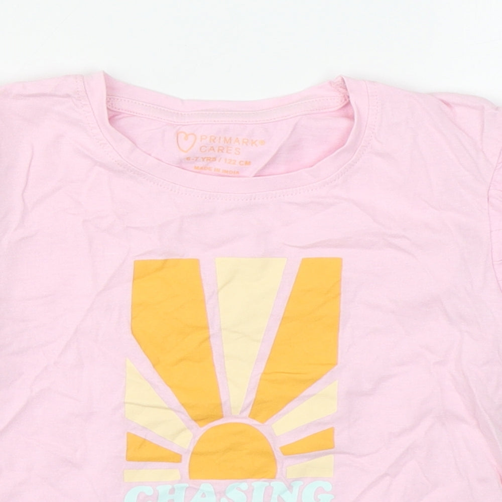 Primark Girls Pink  100% Cotton Basic T-Shirt Size 6-7 Years Roll Neck Pullover