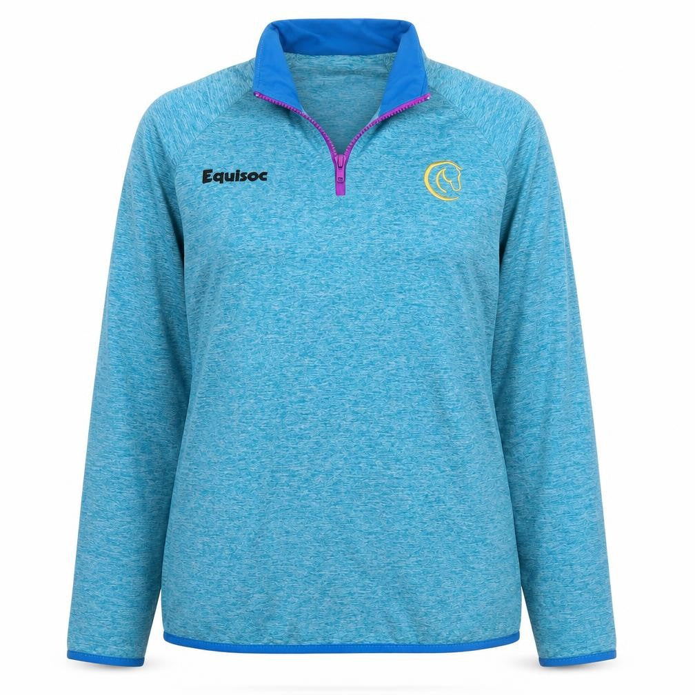 Front view of Equisoc women’s blue jacket, size M, zip - equine