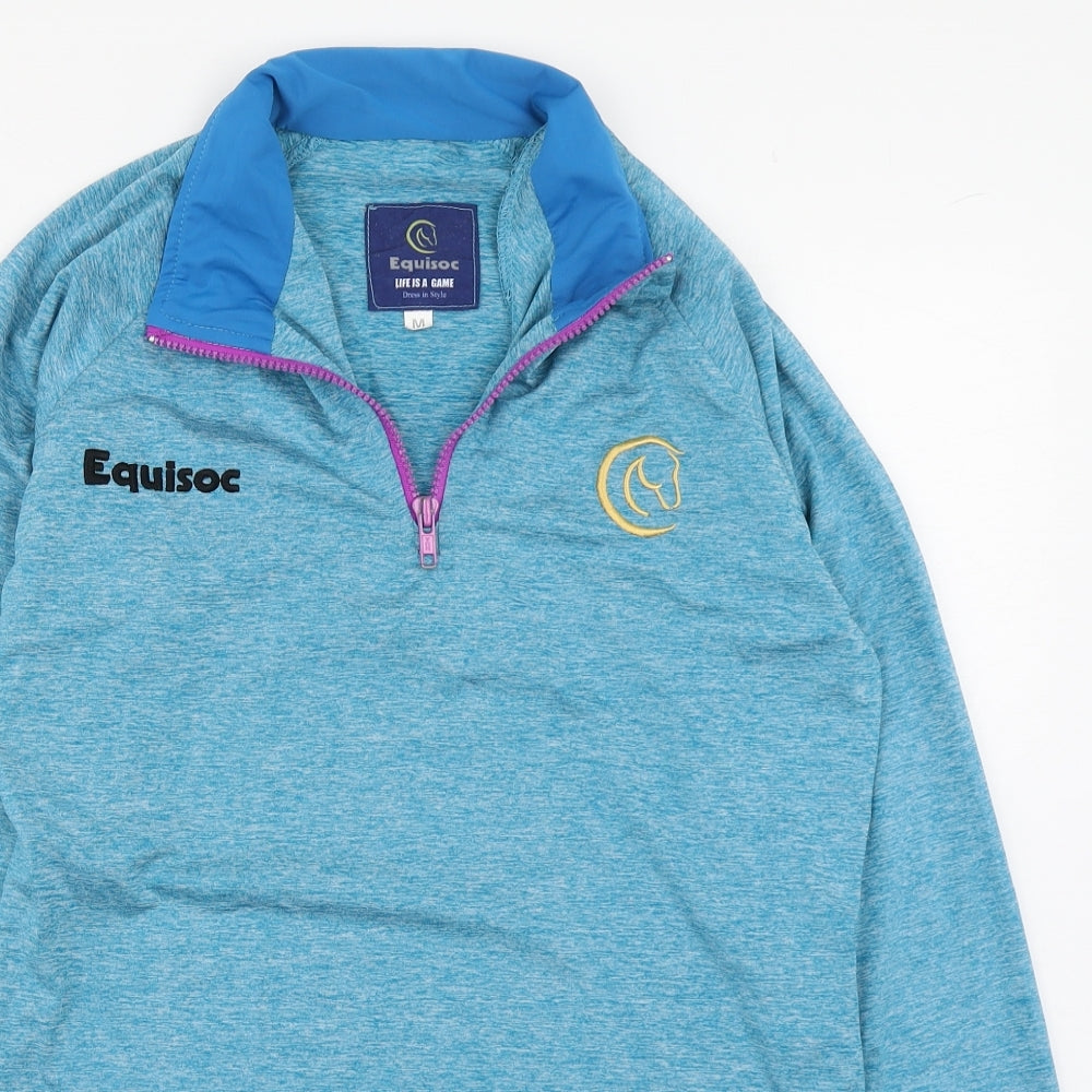 Close-up detail of Equisoc women’s blue jacket, size M, zip - equine
