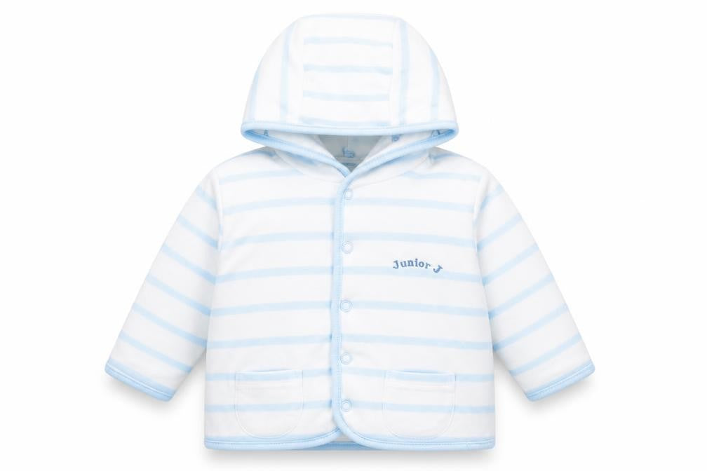 Front view of Debenhams Baby White Striped Basic Jacket Jacket, size 6-9, Months Snap