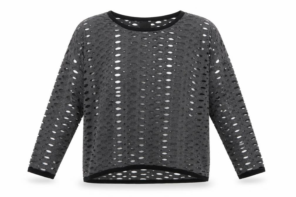 Front view of JAVA women’s grey polyester basic blouse, size S, crew neck - cut out
