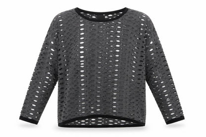 Front view of JAVA women’s grey polyester basic blouse, size S, crew neck - cut out