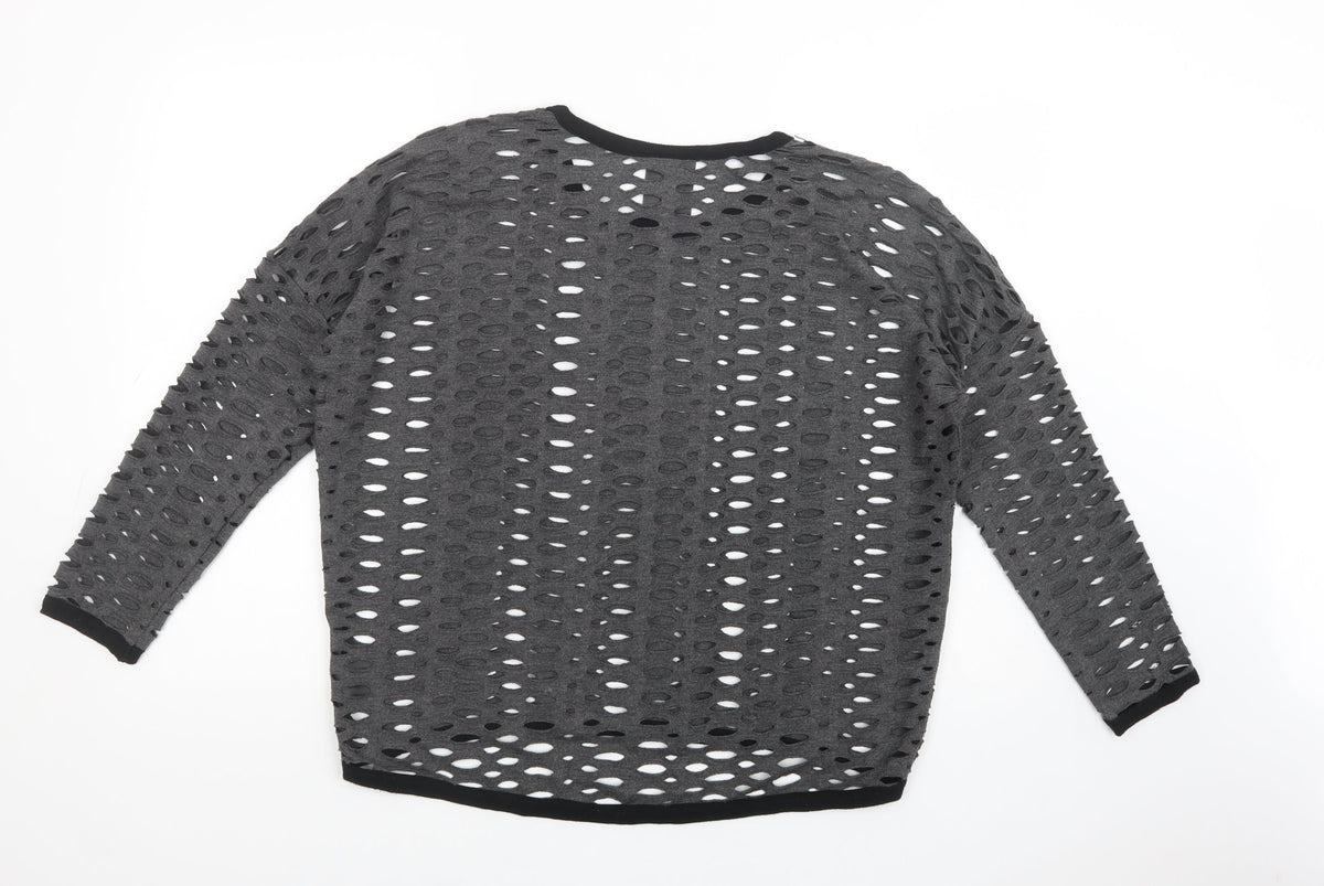 Back view of JAVA women’s grey polyester basic blouse, size S, crew neck - cut out