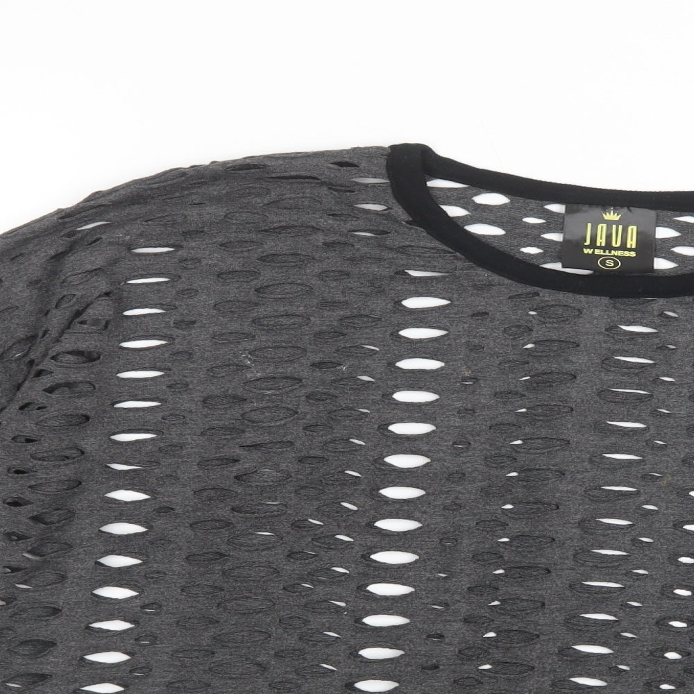 Close-up detail of JAVA women’s grey polyester basic blouse, size S, crew neck - cut out